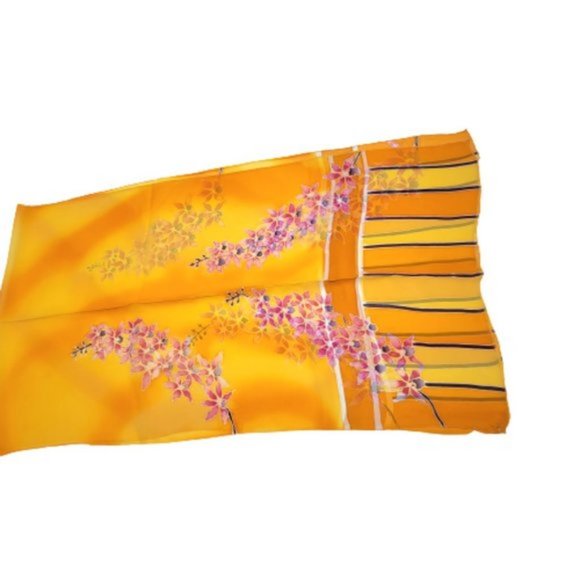 Handmade Handpainted Pure Silk Chiffon Scarf Floral Rectangular Long Scarf - Picture 7 of 9